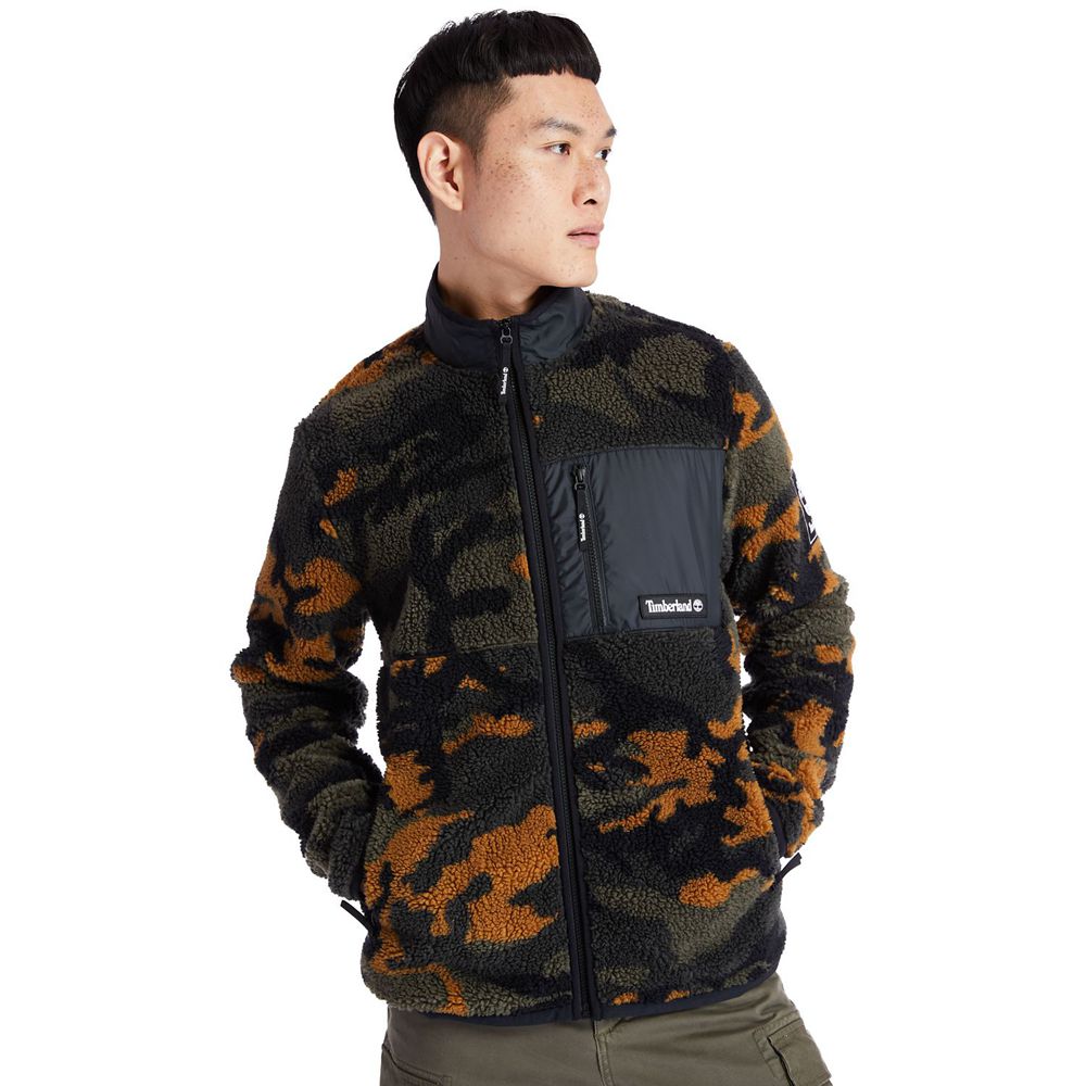 Timberland Mens Jackets Camo Recycled Fleece - Black/Green/Brown - India UY7136948